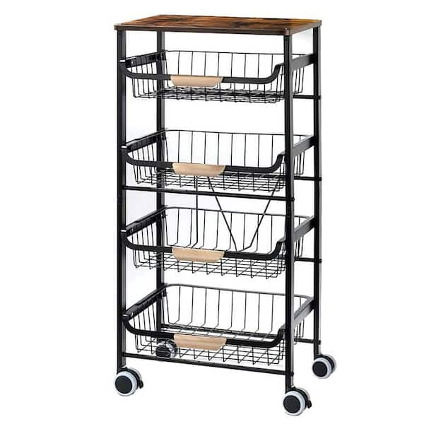 FUNKOL 5-Tier Black Metal Kitchen Shelf Foldable Storage Rack with WheelsMultifunctional Cart