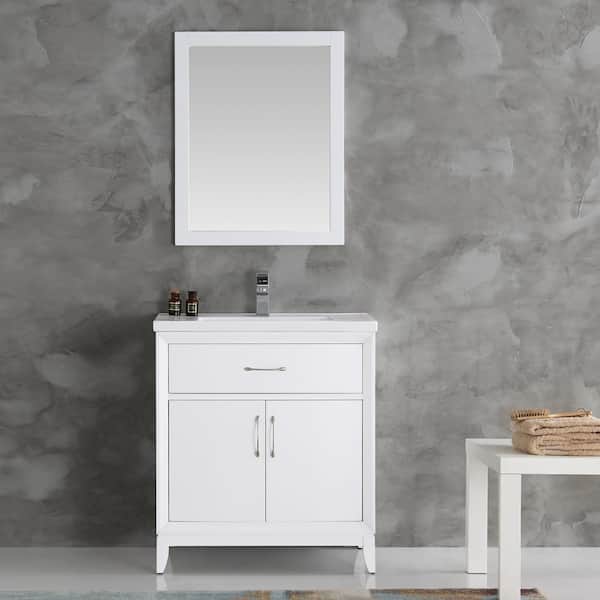 Cambridge 30 in. Vanity in White with Porcelain Vanity Top in White with White Ceramic Basin and Mirror