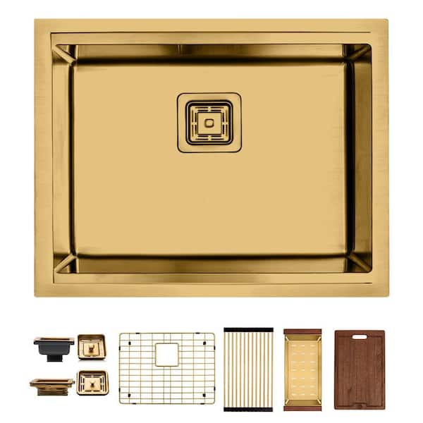 23 in. Undermount Single Bowl 16 Gauge Gold Stainless Steel Kitchen Sink with Accessories Included