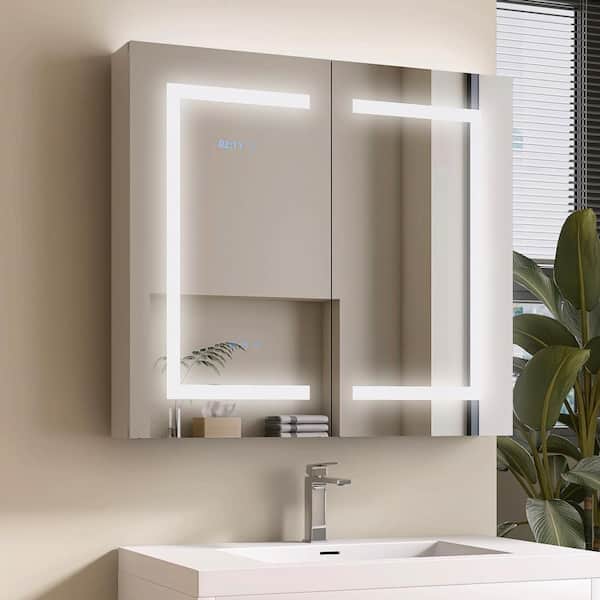 36 in. W x 32 in. H Rectangular Silver Aluminum Recessed/Surface Mount Medicine Cabinet with Mirror and LED