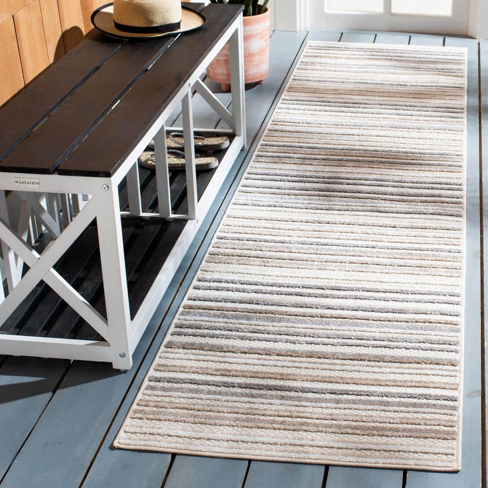 Ivory and Grey Geometric Synthetic Runner Rug, 2'2" x 9'