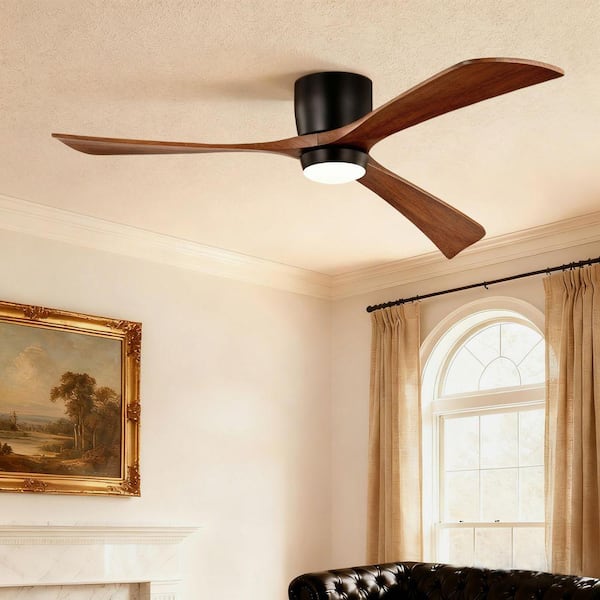 52 in. Modern Black Solid Wood Brown Blades Flush Mount Standard Ceiling Fan with 3-Color Dimmable Light Include Remote