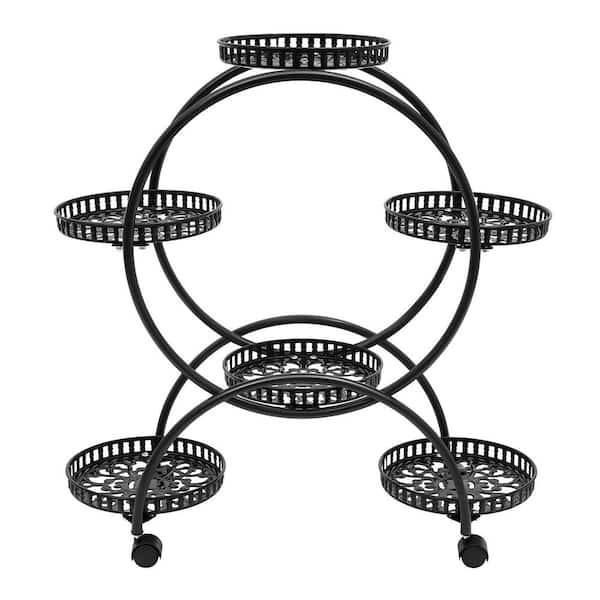 29.92 in. Tall Black 6-Tiered Metal Iron Plant Flower Pot Stand with 4 Wheels Kits and Accessories