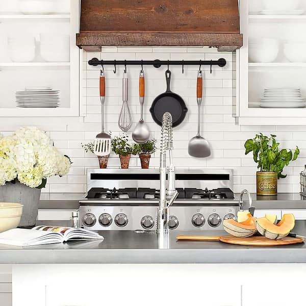 Matt Black Wall Mounted Hanging Pot Rack Stainless Steel Kitchen Organizer with Adjustable S Hooks 23.7 in.