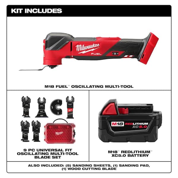 M18 FUEL 18V Brushless Oscillating Multi-Tool w/5.0Ah Battery & Multi-Tool Blade Kit (9-Pc)