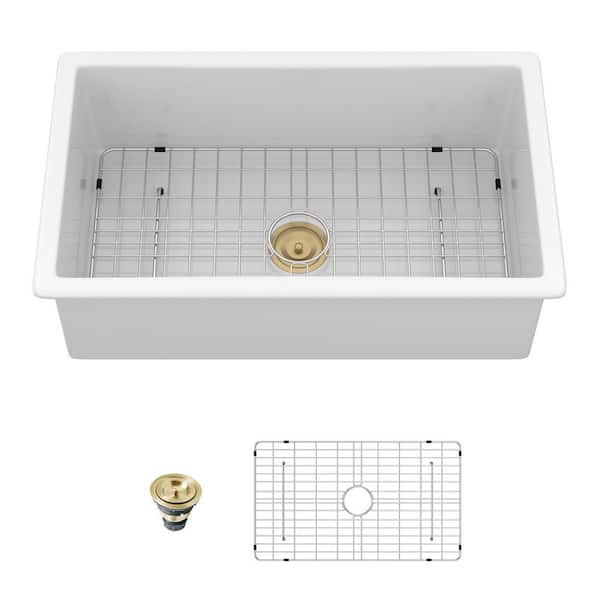 32 in. Undermount Single Bowl White Ceramic Kitchen Sink with Bottom Grids