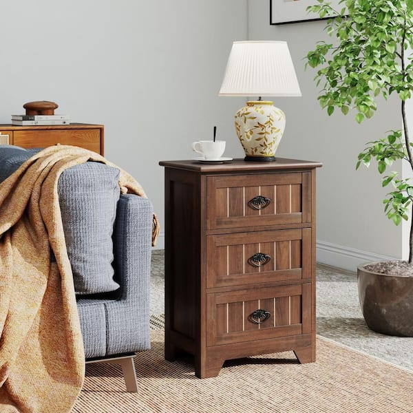 3 Drawers End Table Nightstand Bedroom Storage Wood Slide Brown