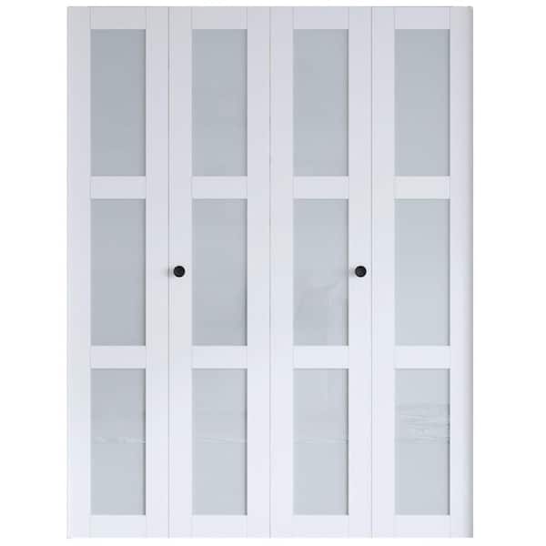 64 in. x 80 in. 3-Lite Frosted Glass Finished White Solid MDF Bi-Fold Door with Hardware Kit