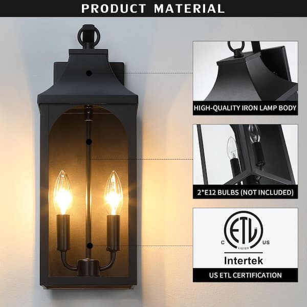 17 in. 2-Light Large Black Outdoor Wall Lantern Sconces Light with No Bulbs Included