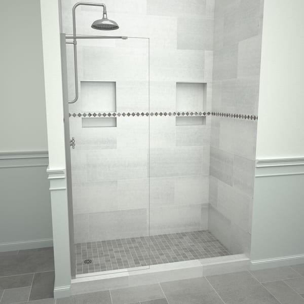 Tile Redi 5400 Series 48 in. W x 76 in. H Semi-Frameless Fixed Shower Door in Brushed Nickel with Clear Glass without Handle