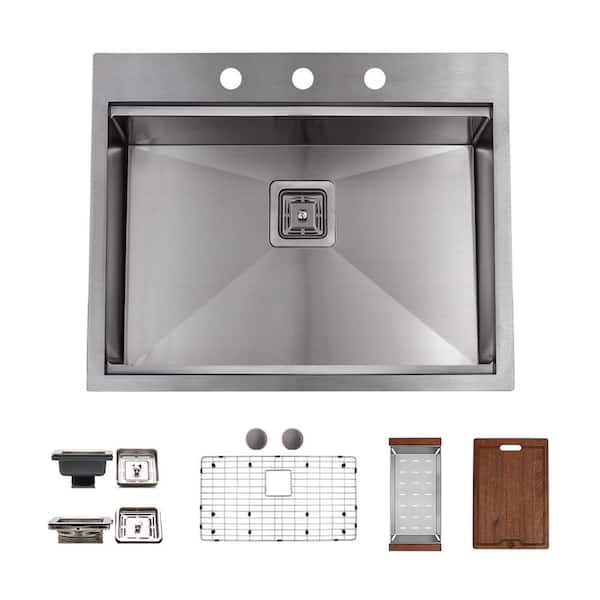 25 in. Drop-In/Undermount Single Bowl 16-Gauge Stainless Steel Kitchen Sink Workstation with Accessories