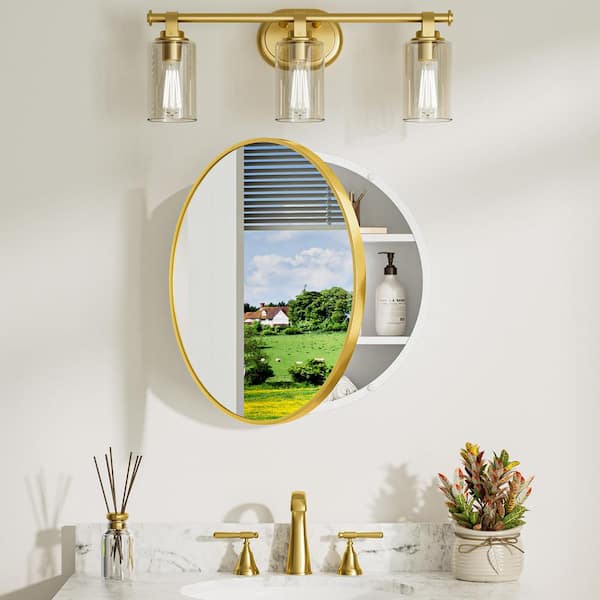 20 in. W x 20 in. H Round Gold White Metal Framed Surface Mount Medicine Cabinet with Mirror