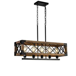 Wood Farmhouse Chandelier 5-Light Black Kitchen Island Rectangular Dining Room Chandelier Pedant Light