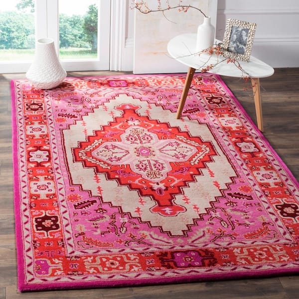 Bellagio Red Pink/Ivory 9 ft. x 9 ft. Border Floral Square Area Rug