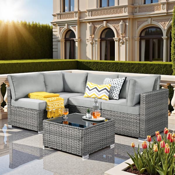 Elora Gray 7‑Piece Wicker Outdoor Patio Conversation Set with Gray Cushions Ideal for Backyard, Deck, or Garden