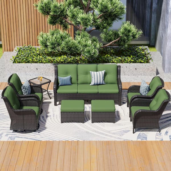 JOYSIDE 8-Piece Wicker Outdoor Patio Conversation Set with Green Cushions and Swivel Rocking Chairs
