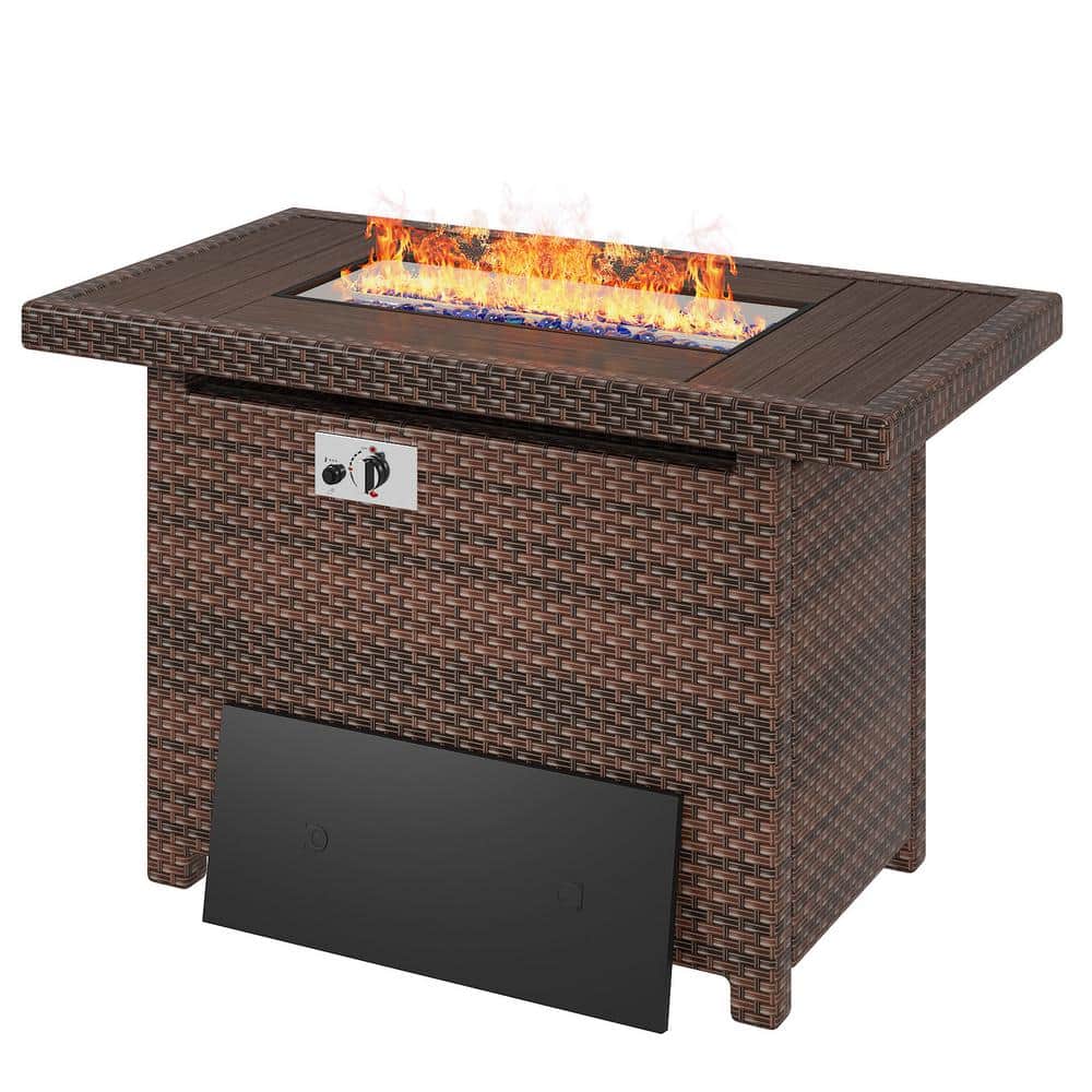 44'' Dark Brown Wicker Propane Fire Pit Table with Lid