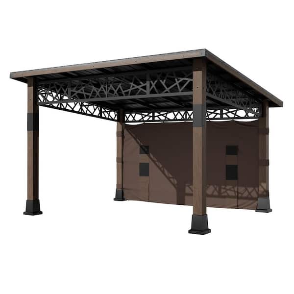 12 ft. x 14 ft. Wood Frame Outdoor Patio Hardtop Gazebo with Galvanized Steel Roof and Curtain with Storage Pockets