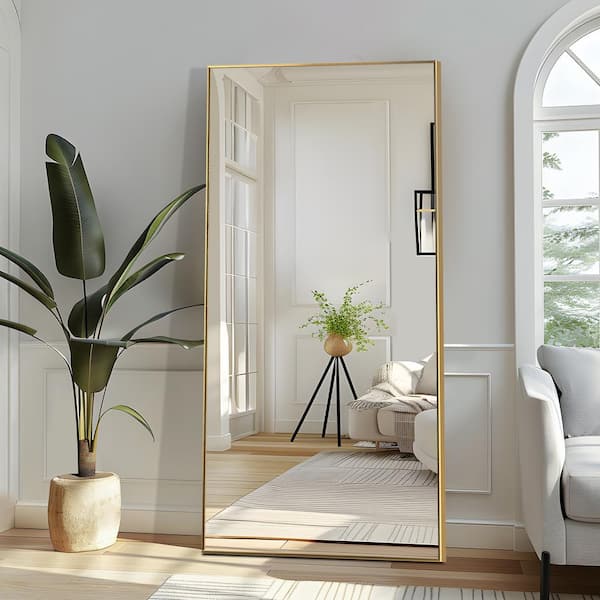 38 in. W x 75 in. H Rectangular Metal Framed Full Length Wall Mirror Free Standing Mirror in Gold