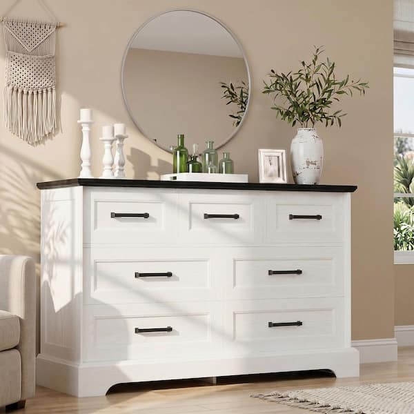 white dresser with black top LACOO 47.2 in. W 7-Drawer Wide Dresser, Wood Grain Veneer Storage Chest Metal Pulls, Body with Black V-WD-0947A-0WT Secret Hearts Barbie: Nostalgic
