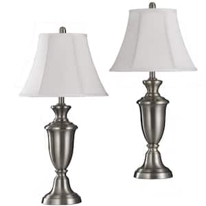 31.5 in. Brushed Steel Table Lamp Set with White Softback Silk Shades