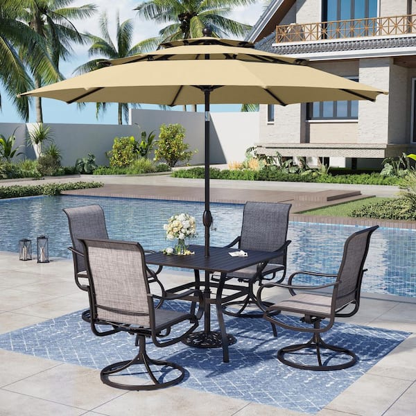 PHI VILLA Black 6-Piece Metal Square Patio Outdoor Dining Set with Slat Table, Umbrella and Textilene Swivel Chairs