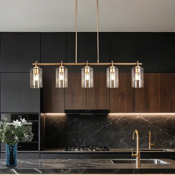 41.1 in. 5-Light Brass Gold Modern Kitchen Island Chandelier, Contemporary Linear Dining Room Hanging Ceiling Light