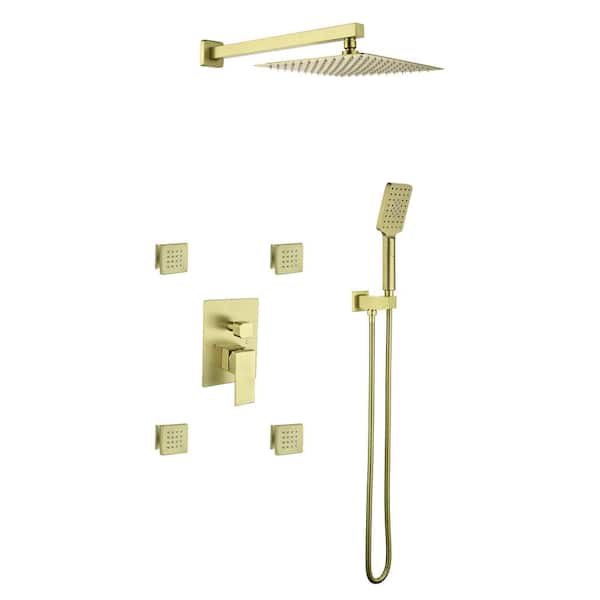 Tomfaucet 3-Spray Patterns 10 in. Wall Mount Dual Shower Heads Shower System with 4 Body Jets in Brushed Gold