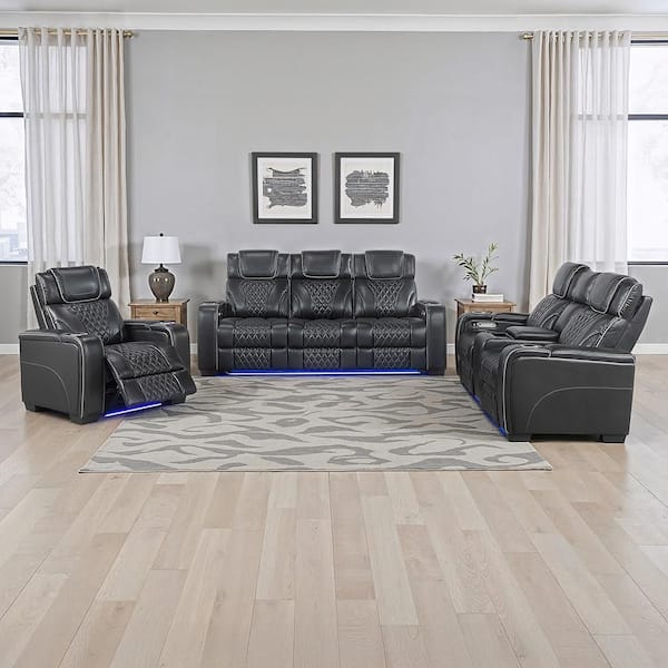 Cassian 84.5 in W Pillow Top Arm Leather Rectangle 3-Piece Power Reclining Sofa Set with Power Headrest in Black