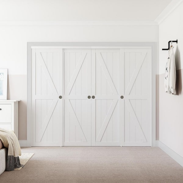 96 in. x 78.58 in. K-Shape Solid Core White Finished MDF Closet Sliding Door with Hardware Kit