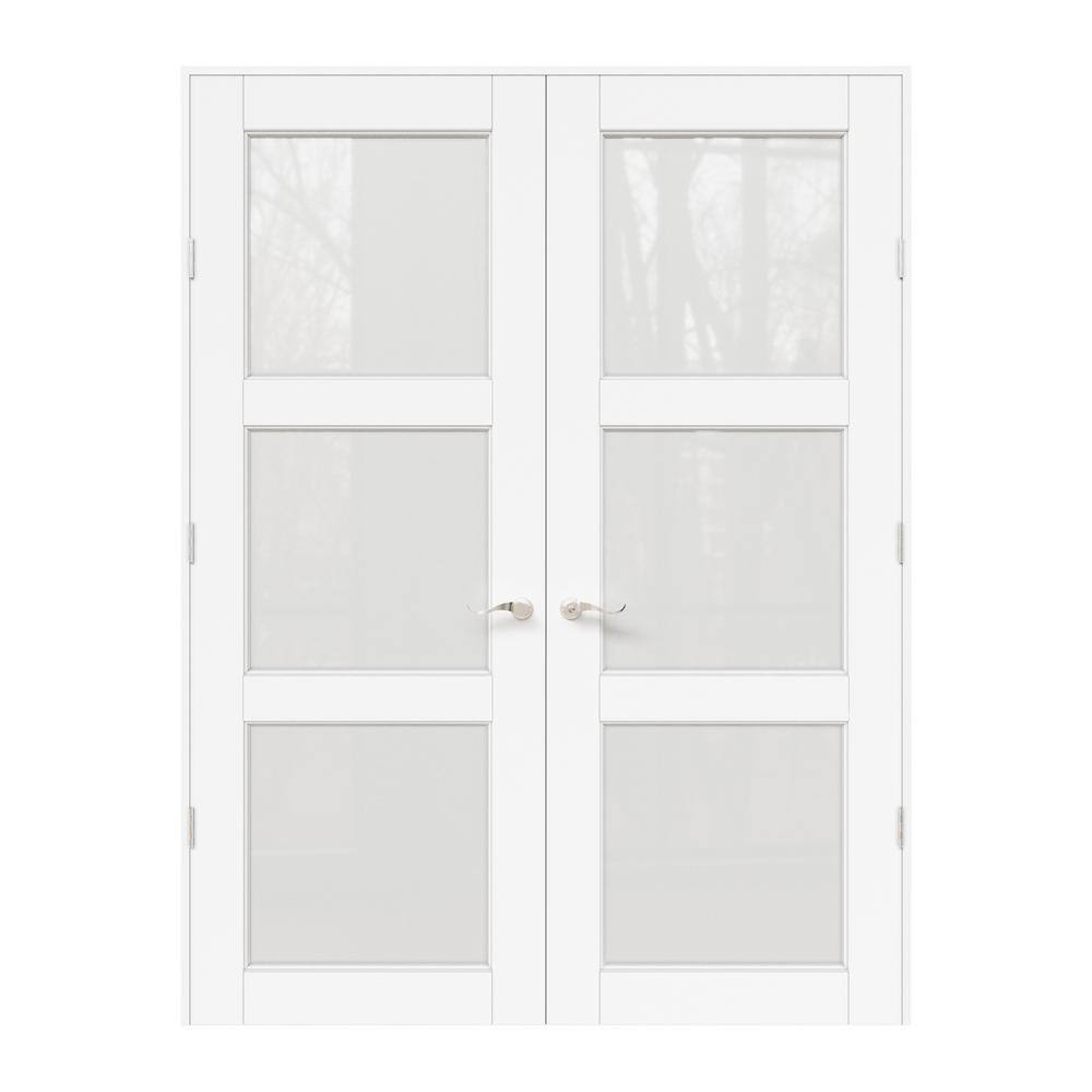 56 in. x 80 in. Universal Handed 3-Lite Frosted Glass White Solid Core MDF French Door with Quick Assemble Jamb price history on PriceWatchPro