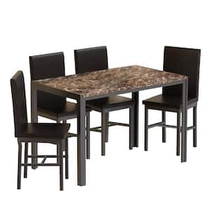 Eureka Modern 5-Piece Rectangular Brown Faux Marble Top Dining Set with Upholstered PU Leather Chairs, Bar Table Set