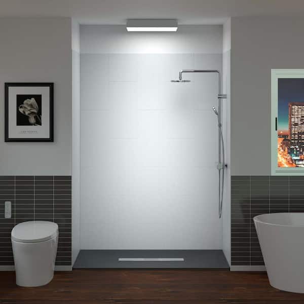 WOODBRIDGE 60 in. L x 36 in. W x 75 in. H 4-Pieces Alcove Shower Kit with Glue Up Shower Wall and Shower Pan in White and Black/BN