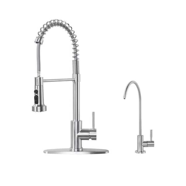 19 in. H Single Handle Pull Down Sprayer Kitchen Faucet with Drinking Water Faucet and 360° Swivel Spout in Nickel