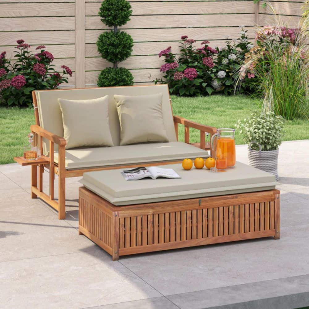 Acacia Wood Outdoor Day Bed with 4-Level Backrest, Removable Off White Cushions, 2 Side Tables & 4-in-1 Ottoman