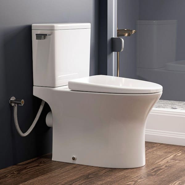 16.5 in. Rear Outlet Toilet White 2-Piece Elongated Bowl 1.28 GPF Single Flush and P-Trap 7 in. Rough-In Extension Pipes