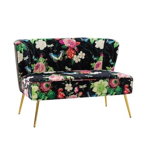 Arezo 47 in. Comfy Black Floral Pattern Design Loveseat with Channel Tufted Back and Adjustable Leg