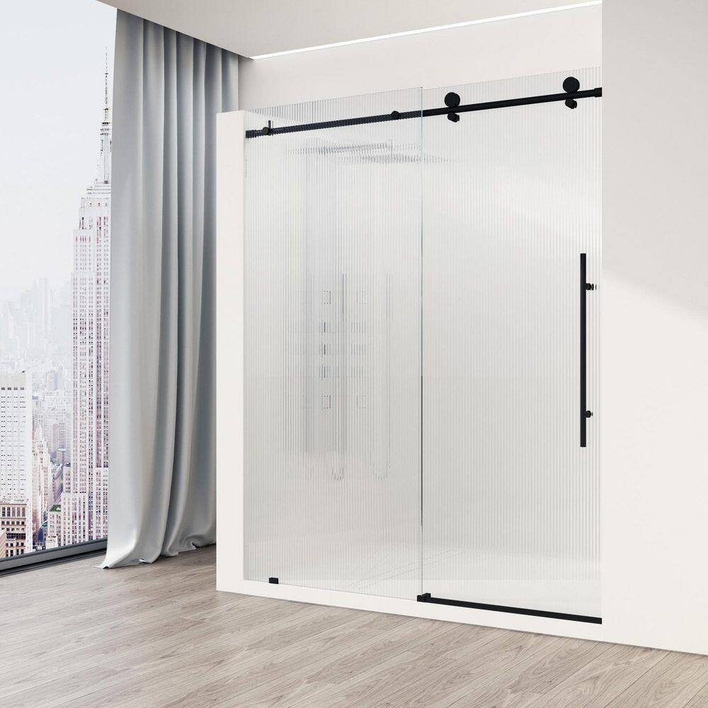 Elan E-Class 56-60" Matte Black Frameless Sliding Shower Door with Fluted Glass
