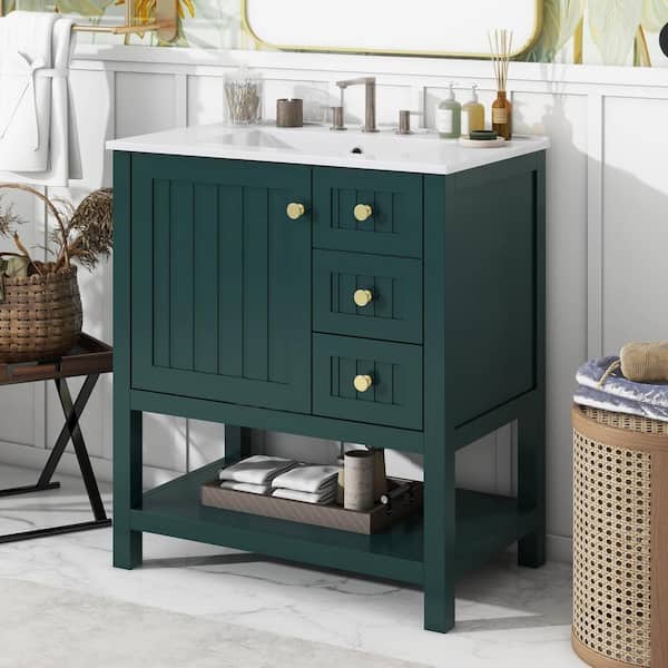 Staykiwi 30 in. W x 18 in. D x 34 in. H Single Sink Freestanding Bath Vanity in Green with White Ceramic Top