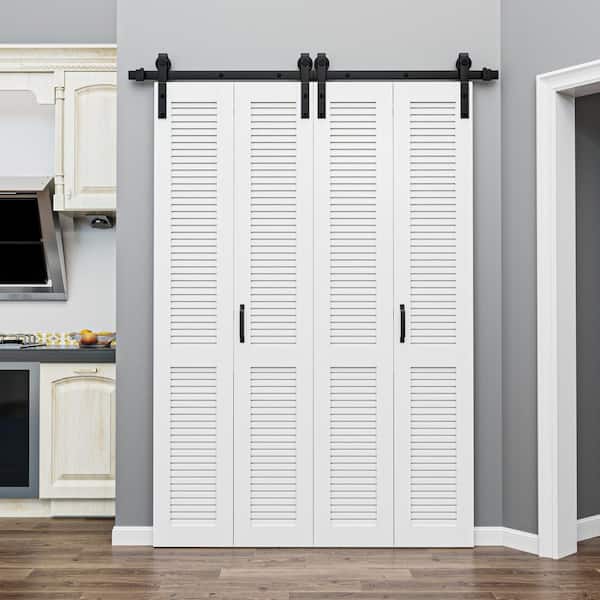 50 in. x 84 in. Solid Core Composite MDF White Finished Louver Closet Bi-Fold Door Sliding Barn Door with Hardware Kit