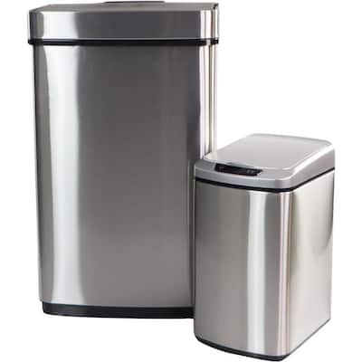 Hanover Set of 2 3.2 Gal. and 15.8 Gal. Stainless Steel Metal Household Trash Can with Sensor Lid, Silver