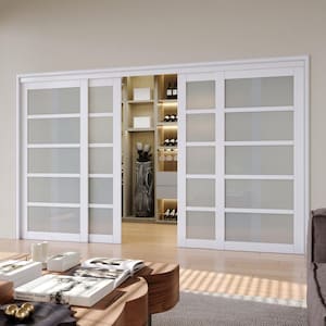 144 in. x 80 in. 5 Lites Frosted Glass White MDF Closet Sliding Door with Hardware Kit