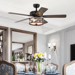 52 in. Indoor Matte Black Retro Ceiling Fan Lamp with Glass Shade Reversible Blade Remote Control