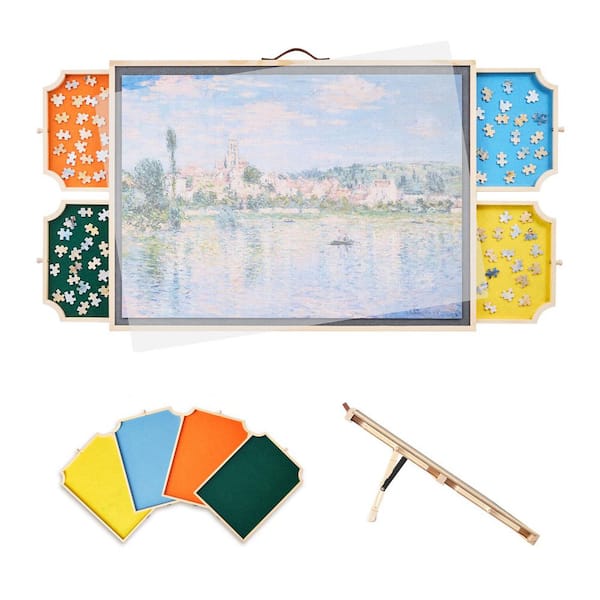 1000-Piece Puzzle Board with Felt Drawers, 29 x 21in. Portable Wooden Table, 2-Tilting Angles, Birthday Gift