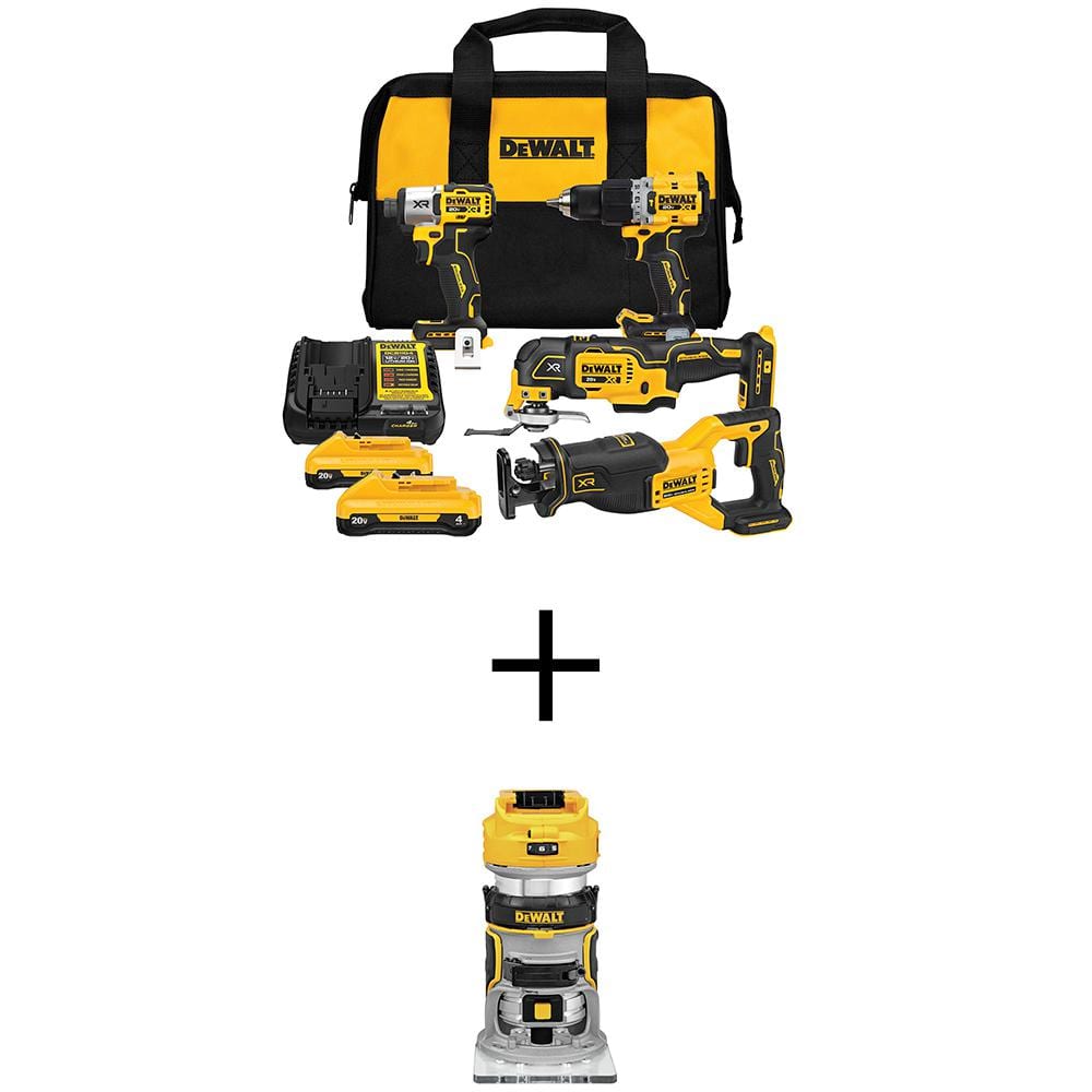 20V MAX Lithium-Ion Cordless 4-Tool Combo Kit and 20V Brushless Fixed Base Compact Router w/ (2) 4Ah Batteries & Charger -  DEWALT, DCK411Q2WCW600B