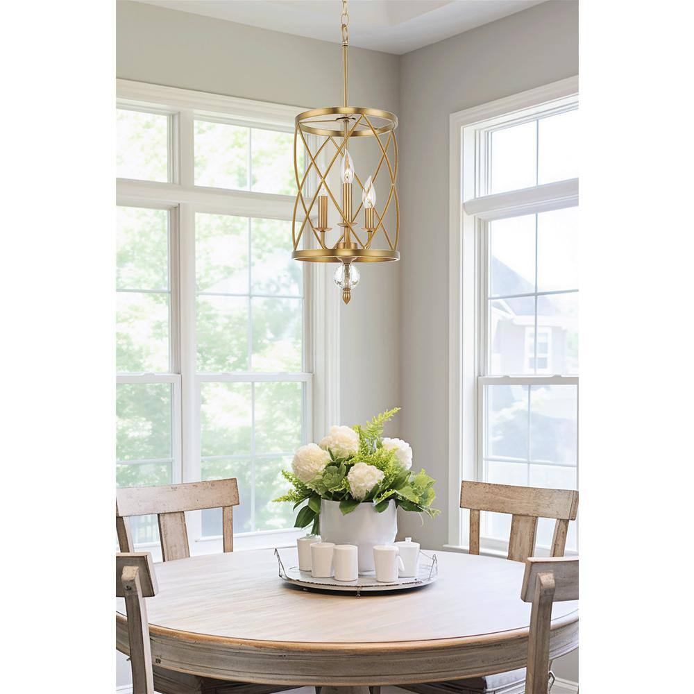 Eleanor Warm Brass 3-Light Cylinder Lantern Chandelier with Faceted Glass Accent