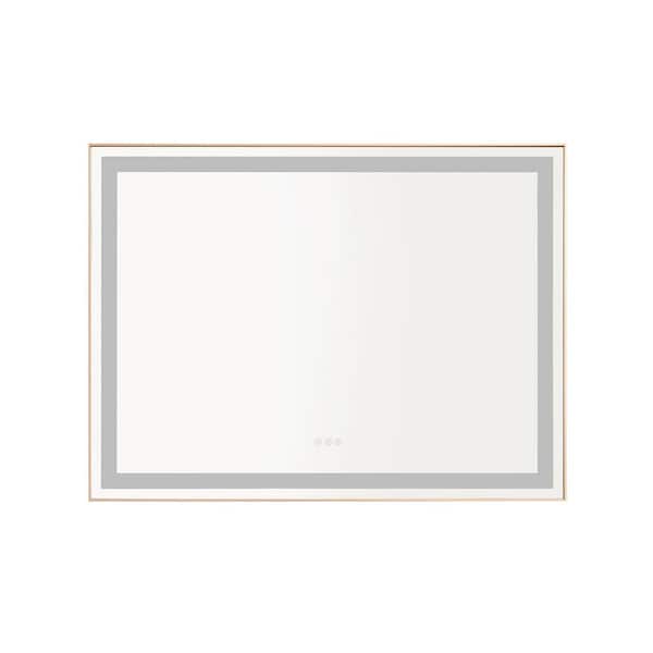 Interbath 48 in. W x 36 in. H Large Rectangular Framed LED Light Anti-Fog Wall Bathroom Vanity Mirror in Gold