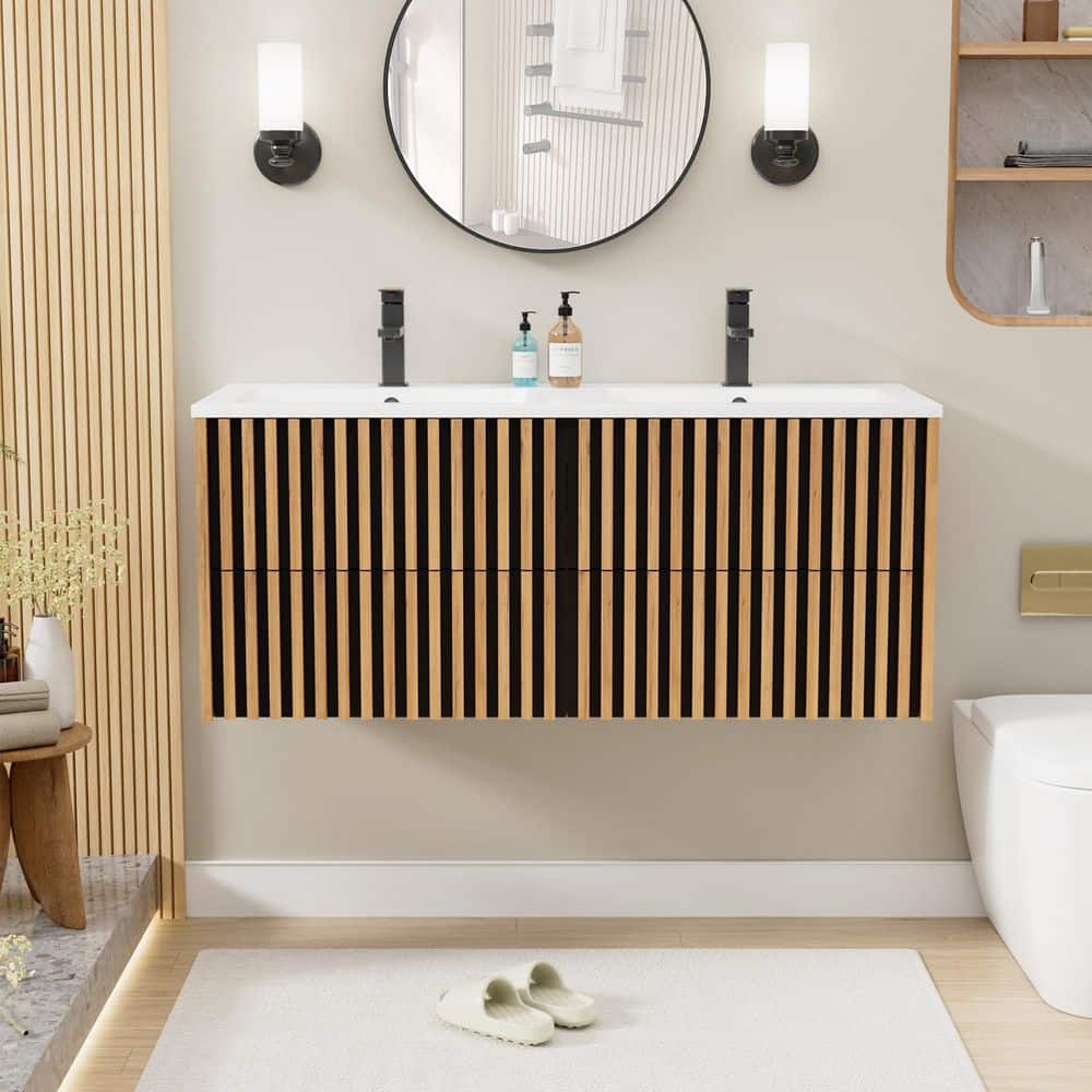 48 in. W x 18.3 in. D Double Sink Oak Floating Bath Vanity with White Integrated Composite Resin Top price history on PriceWatchPro