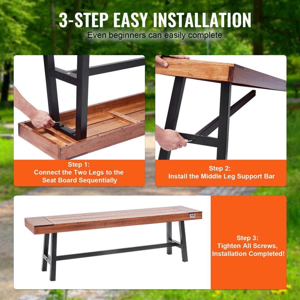63-Inch Brown Wood and Black Metal Outdoor Bench