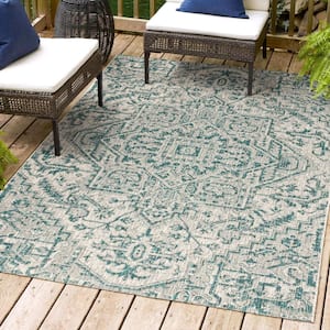 Estrella Bohemian Medallion Teal/Gray 3 ft. 1 in. x 5 ft. Textured Weave Indoor/Outdoor Area Rug